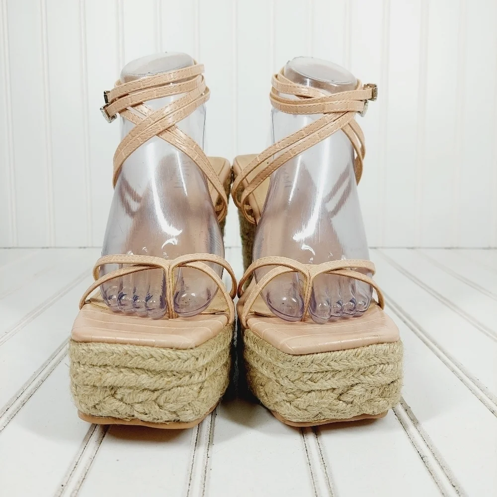 NEW Simmi Fabiana Nude Faux Croc Print Strappy Buckle Wedge Summer Sandals I547